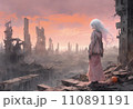 がれきの街の中に立つ女性 110891191