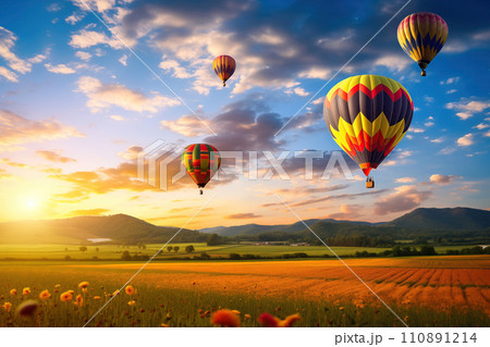 Colorful hot air balloons over blooming field meadow at sunset 110891214