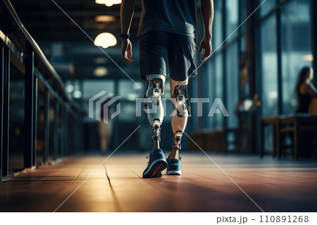 Unrecognizable Amputee Sportsman Walking with Bionic Prosthetic Legs Unrecognizable Amputee Sportsman Walking with Bionic Prosthetic Legs 110891268