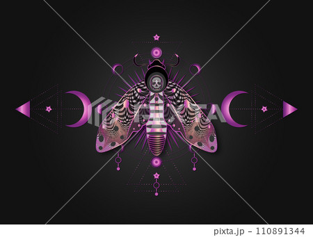 The death's head moth on Sacred Geometry. Night mystical butterfly with a skull and Moon Phases. Purple luxury vector illustration of celestial Acherontia winged insect isolated on black background The death's head moth on Sacred Geometry. Night mystical butterfly with a skull and Moon Phases. Purple luxury vector illustration of celestial Acherontia winged insect isolated on black background 110891344