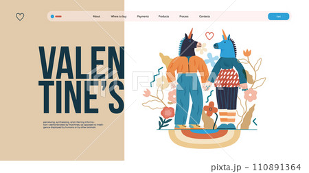 Valentine: Playful Connection - modern flat vector concept illustration of a couple in unicorn costumes holding hands. Metaphor of love, whimsical and imaginative side of romance Valentine: Playful Connection - modern flat vector concept illustration of a couple in unicorn costumes holding hands. Metaphor of love, whimsical and imaginative side of romance 110891364