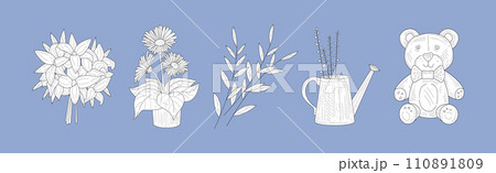 Handmade Craft Element with Teddy Bear Toy and Flower Bouquet Vector Set Handmade Craft Element with Teddy Bear Toy and Flower Bouquet Vector Set 110891809
