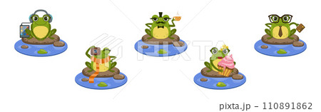 Cute Green Frog Character as Croaking Swamp Animal Sit on Pebble Vector Set Cute Green Frog Character as Croaking Swamp Animal Sit on Pebble Vector Set 110891862
