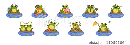 Cute Green Frog Character as Croaking Swamp Animal Sit on Pebble Vector Set 110891864