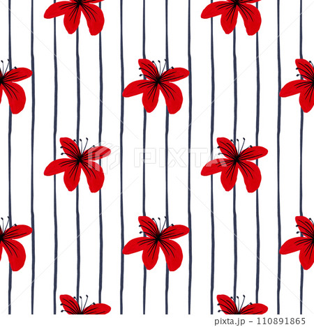 Red lilies and stripes. Mixed media illustration. Seamless abstract pattern Red lilies and stripes. Mixed media illustration. Seamless abstract pattern 110891865