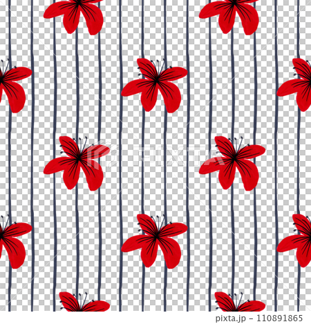 Red lilies and stripes. Mixed media illustration. Seamless abstract pattern 110891865