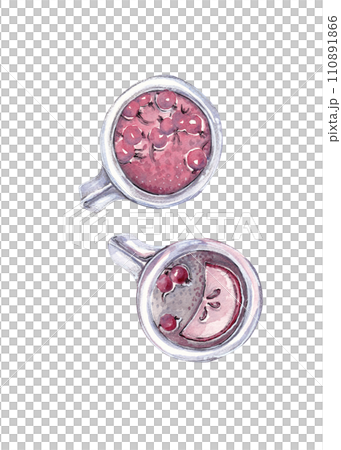 A couple of mugs with compote. View from above. Fruit and berry drink. Mixed media illustration 110891866