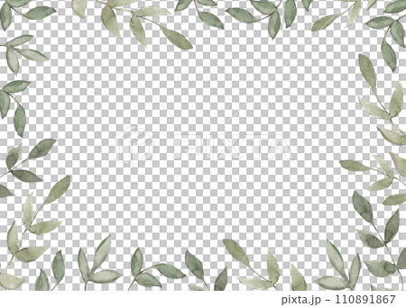Green branches with leaves. Watercolor illustration. Rectangular frame made of branches 110891867