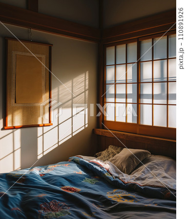 Blank wooden reticulate poster frame mock up template, bedroom interior in fusion style with short big bed, white walls and white windows. Play of light and shadow 110891926