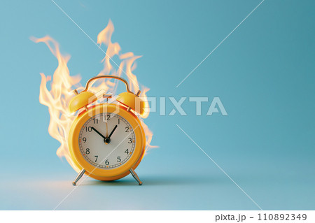 Burning alarm clock. Time out or deadline pressure concept. Clock on fire, symbol of hot sale, discounts, shopping time, countdown. Oversleep, waste of time, insomnia. Time is ending, running out. 110892349