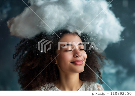 Happy woman with cloud above her head, stars and sparkles as a symbol of dreaming, happiness, joy. Positive thoughts, planning. Imagination and thinking, romantic dreamy mood. Mental health concept 110892350