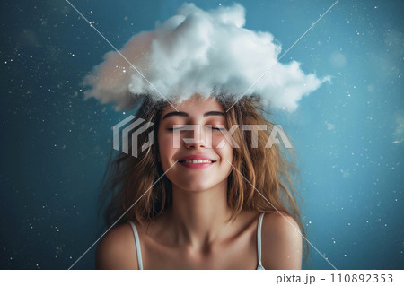 Happy woman with cloud above her head, stars and sparkles as a symbol of dreaming, happiness, joy. Positive thoughts, planning. Imagination and thinking, romantic dreamy mood. Mental health concept 110892353
