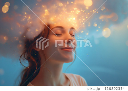 Happy woman with cloud above her head, stars and sparkles as a symbol of dreaming, happiness, joy. Positive thoughts, planning. Imagination and thinking, romantic dreamy mood. Mental health concept 110892354