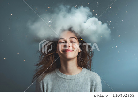 Happy woman with cloud above her head, stars and sparkles as a symbol of dreaming, happiness, joy. Positive thoughts, planning. Imagination and thinking, romantic dreamy mood. Mental health concept 110892355