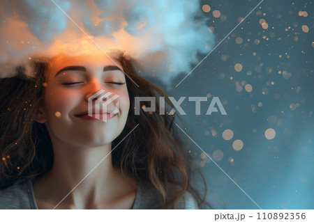 Happy woman with cloud above her head, stars and sparkles as a symbol of dreaming, happiness, joy. Positive thoughts, planning. Imagination and thinking, romantic dreamy mood. Mental health concept 110892356