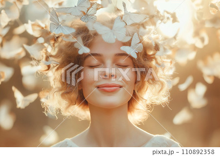Happy woman with butterflies flying around her head as a symbol of dreaming, happiness, joy. Positive thoughts, planning. Imagination, thinking, romantic dreamy mood. Mental health concept, summertime Happy woman with butterflies flying around her head as a symbol of dreaming, happiness, joy. Positive thoughts, planning. Imagination, thinking, romantic dreamy mood. Mental health concept, summertime 110892358