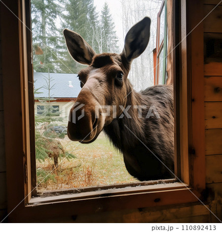Wild elk looks into the window of house, photo of head of wild animal from window, nature enters house 110892413