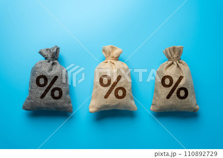 Three bags with percent signs. Discounts, savings or investment. The best conditions for deposits and loans. Banks and banking. Three bags with percent signs. Discounts, savings or investment. The best conditions for deposits and loans. Banks and banking. 110892729