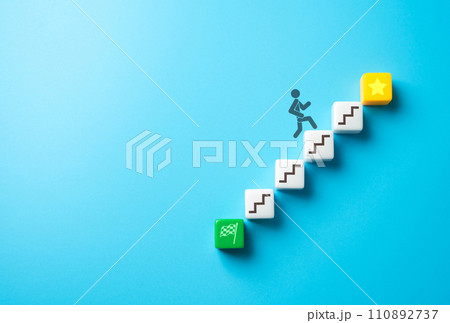 Way to success. Gain recognition and fame. Metaphor for achieving a task. Climb to success. Get to the top. Ladder symbolizing progress, effort, and determination. Ascend and conquer obstacles 110892737