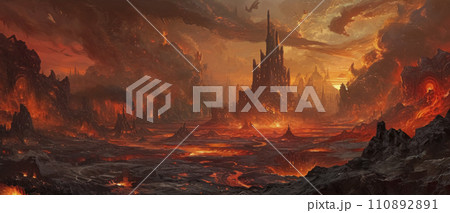 AI-generated content. Apocalyptic Red Landscape with Lava and Ash AI-generated content. Apocalyptic Red Landscape with Lava and Ash 110892891