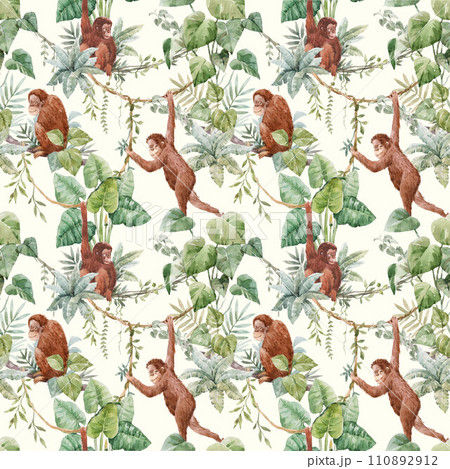 Beautiful seamless tropical pattern with hand drawn red haired orangutans in jungle plants and palm tree leaves. Stock design for wrapping, wallpapers and textile. 110892912