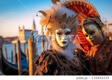 Elegant Persons in Vibrant Carnival Costume and Mask at Venice Festival 110893235