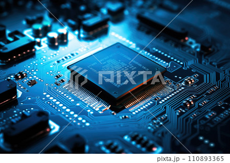 Close-up of a blue circuit board with a central microchip processor 110893365