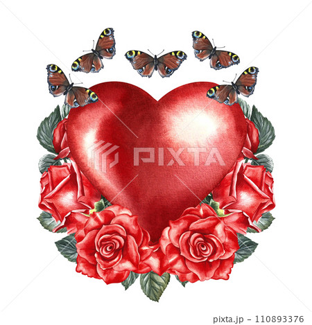 A red watercolor heart decorated with roses and butterflies. Hand-drawn watercolor illustration. For Valentine's Day cards, wedding invitations. For packaging, labels and posters, flyers and prints. 110893376