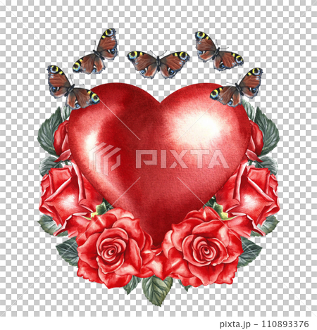 A red watercolor heart decorated with roses and butterflies. Hand-drawn watercolor illustration. For Valentine's Day cards, wedding invitations. For packaging, labels and posters, flyers and prints. 110893376