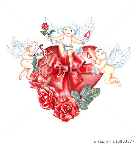 A red watercolor heart as a gift, decorated with a bow and roses. Hand-drawn watercolor illustration. For Valentine's Day cards, wedding invitations. For packaging, labels, posters and flyers, prints. 110893377