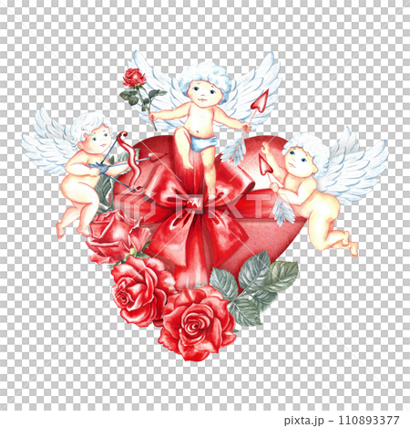 A red watercolor heart as a gift, decorated with a bow and roses. Hand-drawn watercolor illustration. For Valentine's Day cards, wedding invitations. For packaging, labels, posters and flyers, prints. 110893377
