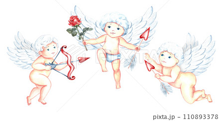 A set of cute, adorable adorable Cupids with arrows and a bow. Little angels or the god Eros. A hand-drawn watercolor illustration. For Valentine's Day and wedding. For postcards, prints, packaging. 110893378