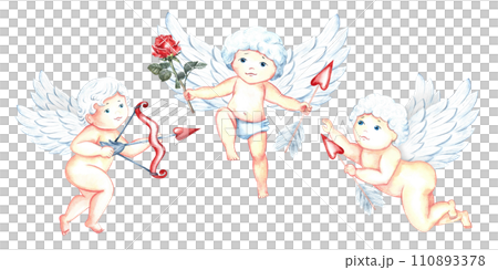 A set of cute, adorable adorable Cupids with arrows and a bow. Little angels or the god Eros. A hand-drawn watercolor illustration. For Valentine's Day and wedding. For postcards, prints, packaging. 110893378