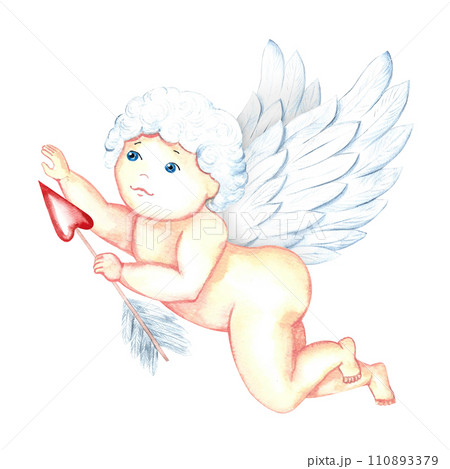 A cute charming Cupid with an arrow. Baby Cupid, little angel or god Eros. A hand-drawn watercolor illustration. Conceptual design for Valentine's Day and wedding. For postcards, prints, packaging. A cute charming Cupid with an arrow. Baby Cupid, little angel or god Eros. A hand-drawn watercolor illustration. Conceptual design for Valentine's Day and wedding. For postcards, prints, packaging. 110893379