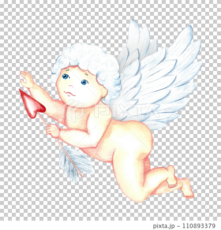 A cute charming Cupid with an arrow. Baby Cupid, little angel or god Eros. A hand-drawn watercolor illustration. Conceptual design for Valentine's Day and wedding. For postcards, prints, packaging. A cute charming Cupid with an arrow. Baby Cupid, little angel or god Eros. A hand-drawn watercolor illustration. Conceptual design for Valentine's Day and wedding. For postcards, prints, packaging. 110893379