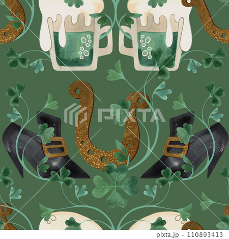 Seamless pattern with symbols of Ireland. Wrapping paper for St. Patrick's Day. Watercolor in vintage style on a green background. Seamless pattern with symbols of Ireland. Wrapping paper for St. Patrick's Day. Watercolor in vintage style on a green background. 110893413