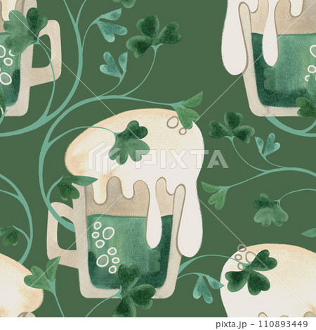 Seamless pattern with symbols of Ireland. Wrapping paper for St. Patrick's Day. Watercolor in vintage style on a green background. 110893449