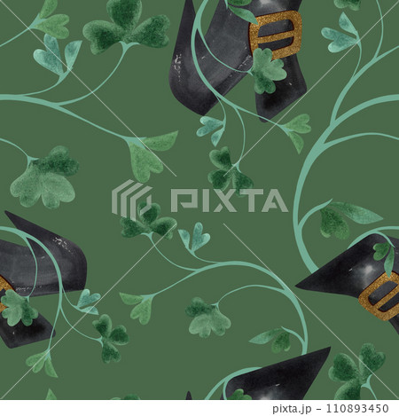 Seamless pattern with symbols of Ireland. Wrapping paper for St. Patrick's Day. Watercolor in vintage style on a green background. Seamless pattern with symbols of Ireland. Wrapping paper for St. Patrick's Day. Watercolor in vintage style on a green background. 110893450