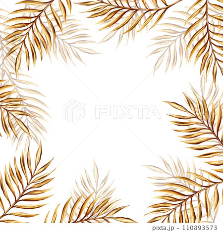Watercolor golden frame with date palm branch illustration isolated on background. Botanical and wedding and Ramadan Kareem or Eid Al Adha 2024 hand drawn decor. For designers, prints, postcards, 110893573