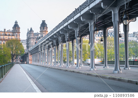 Long row of metal columns of elevated subway. Bir Hakeim Bridge in Paris, France 110893586
