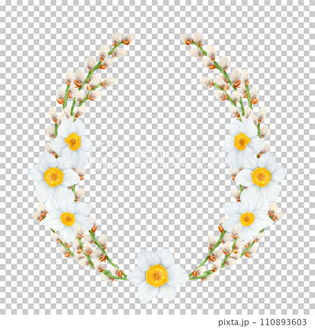 Hand drawn watercolor frame of pussy willow, narcissus. Clip art, symbol of religious holidays, Easter, Lunar New Year. Green branches with soft salix buds, flowers. Spring painting for prints 110893603