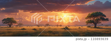 Scenic sunset sky over plain with trees Scenic sunset sky over plain with trees 110893639