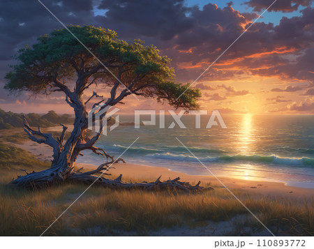 Scenic sunset at beach with tree 110893772