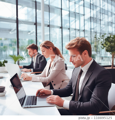 Businesspeople working on a laptops in an office with white walls, wide windows, dressed according to the business dress code and focused on work 110895125