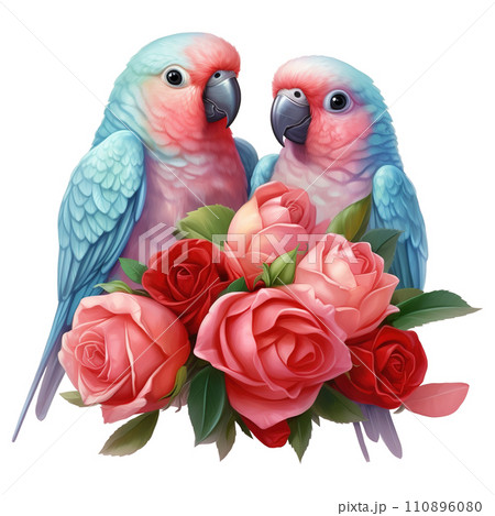 Two Parakeets with Roses. AI Generated Image 110896080