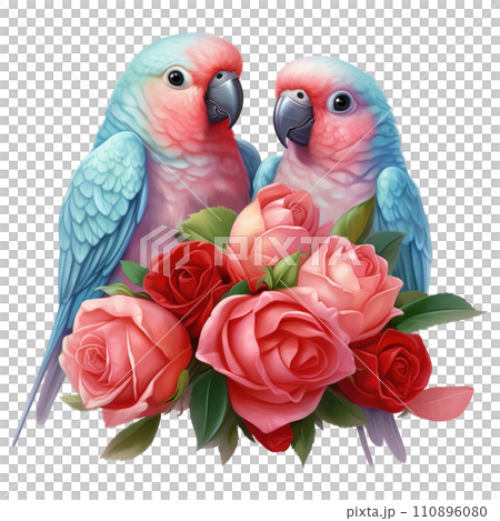 Two Parakeets with Roses. AI Generated Image 110896080