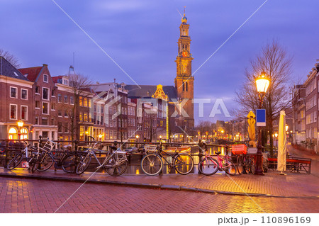 Night Amsterdam canal and Westerkerk church 110896169