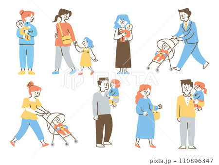 日常を過ごす親子たちのセット_色 110896347