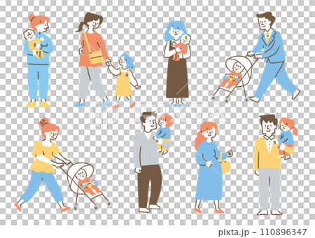 日常を過ごす親子たちのセット_色 110896347