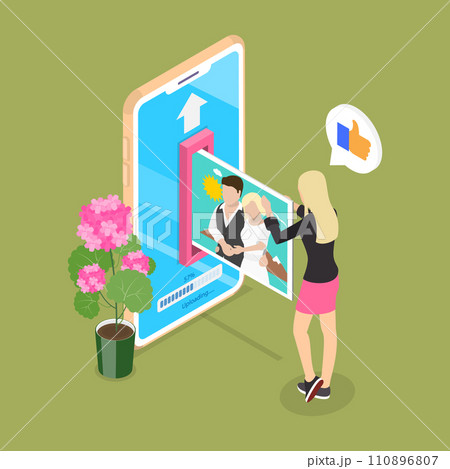 3D Isometric Flat Vector Illustration of Uploading A Photo On A Smartphone. 110896807